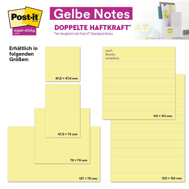 Μια γραφική απεικόνιση δείχνει τα Post-it® Super Sticky Notes της 3M Deutschland GmbH σε Κίτρινο (76 × 127 mm, 90 φύλλα/μπλοκ, 12 μπλοκ/χαρτόνι, 100% PEFC); επάνω δεξιά η συσκευασία.