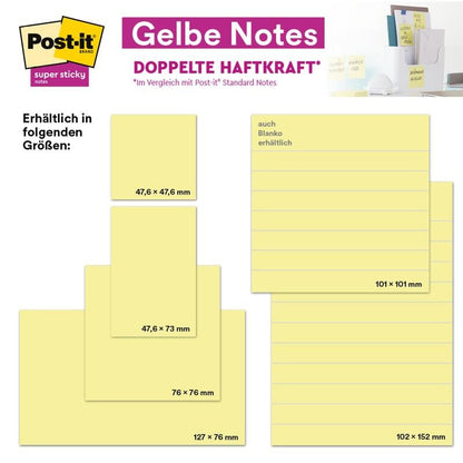 Μια γραφική απεικόνιση δείχνει τα Post-it® Super Sticky Notes της 3M Deutschland GmbH σε Κίτρινο (76 × 127 mm, 90 φύλλα/μπλοκ, 12 μπλοκ/χαρτόνι, 100% PEFC); επάνω δεξιά η συσκευασία.