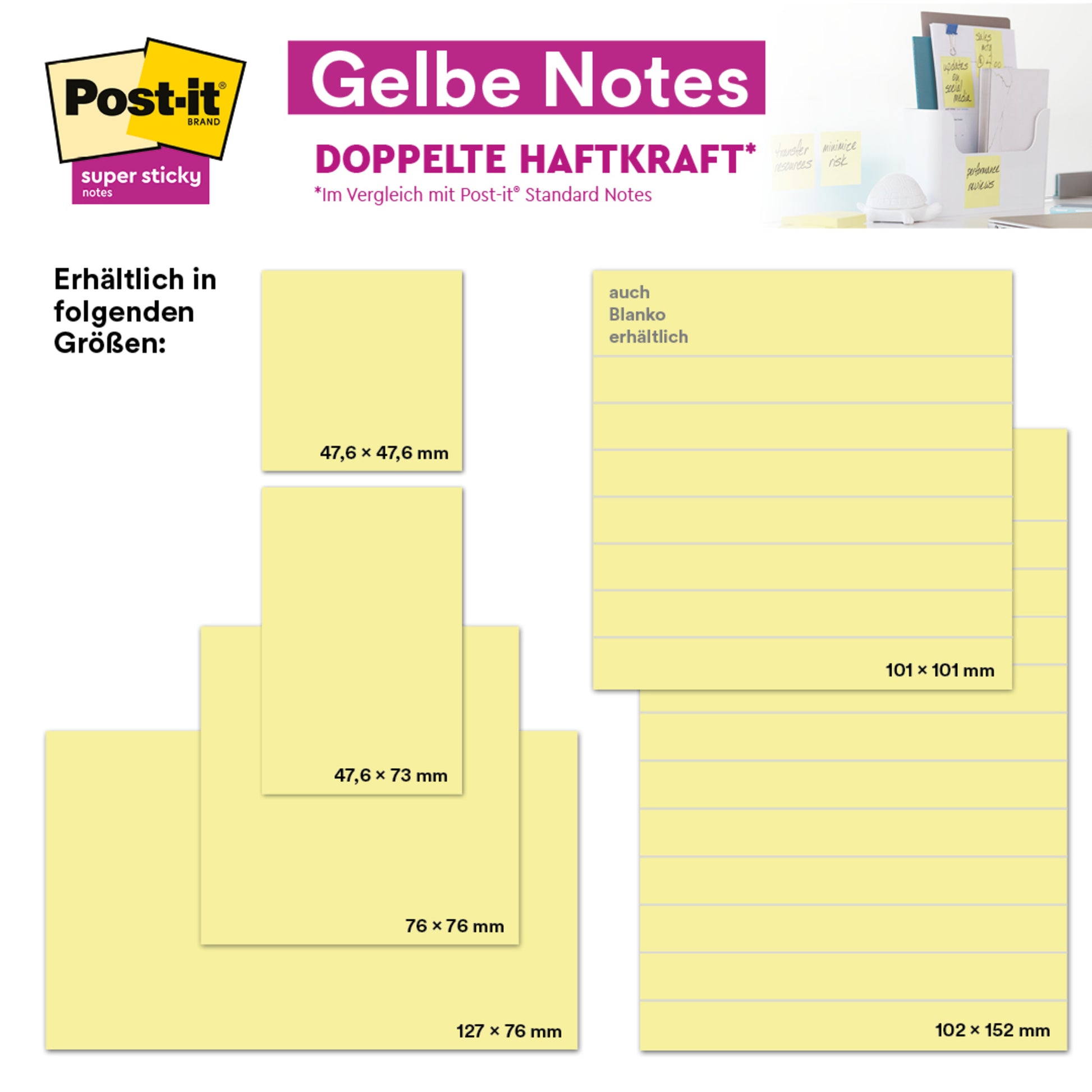 Eine Anzeige für Post-it® Notes der 3M Deutschland GmbH zeigt gelbe Notizzettel (38 mm x 51 mm, 100 Blatt/Block, 3 Blöcke/Packung), in einer Kartonverpackung, hergestellt aus 100% PEFC-zertifiziertem Papier (SGSCH-PEFC-COC-110078).