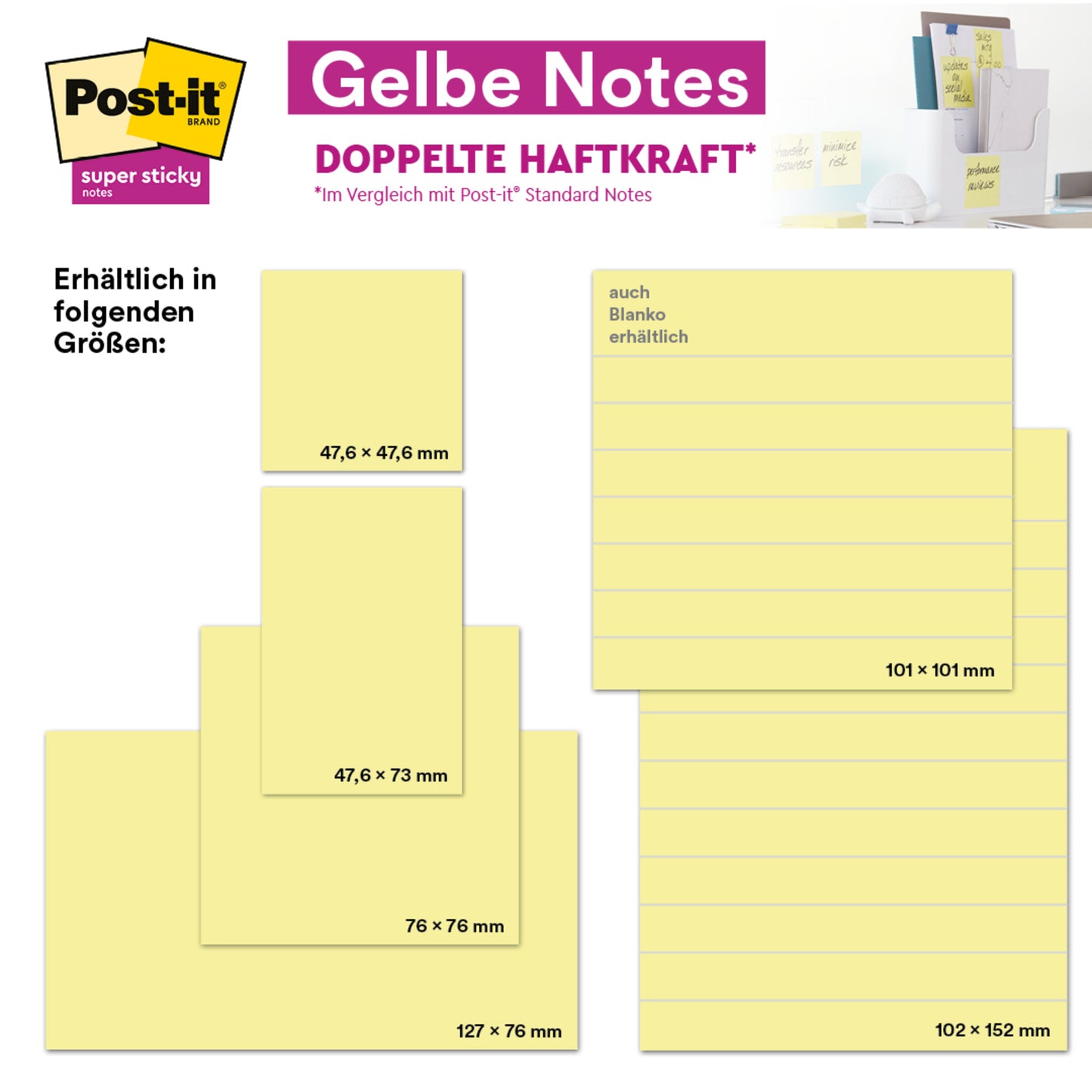 Ein Werbebild für Post-it® Super Sticky Notes (Gelb, 47,6 x 47,6 mm, 90 Blatt/Block, 21+3 Gratis, PEFC) von 3M Deutschland GmbH zeigt die Größenangaben und das Branding der Blöcke in einer bürotypischen Umgebung.