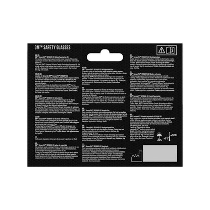 Η πίσω πλευρά μιας συσκευασίας γυαλιών ασφαλείας 3M™ SecureFit™ 200 της 3M Deutschland GmbH δείχνει πληροφορίες προϊόντος, οδηγίες και προειδοποιήσεις σε πολλές γλώσσες με σύμβολα και ένα άγκιστρο. Λευκό κείμενο σε μαύρο φόντο.