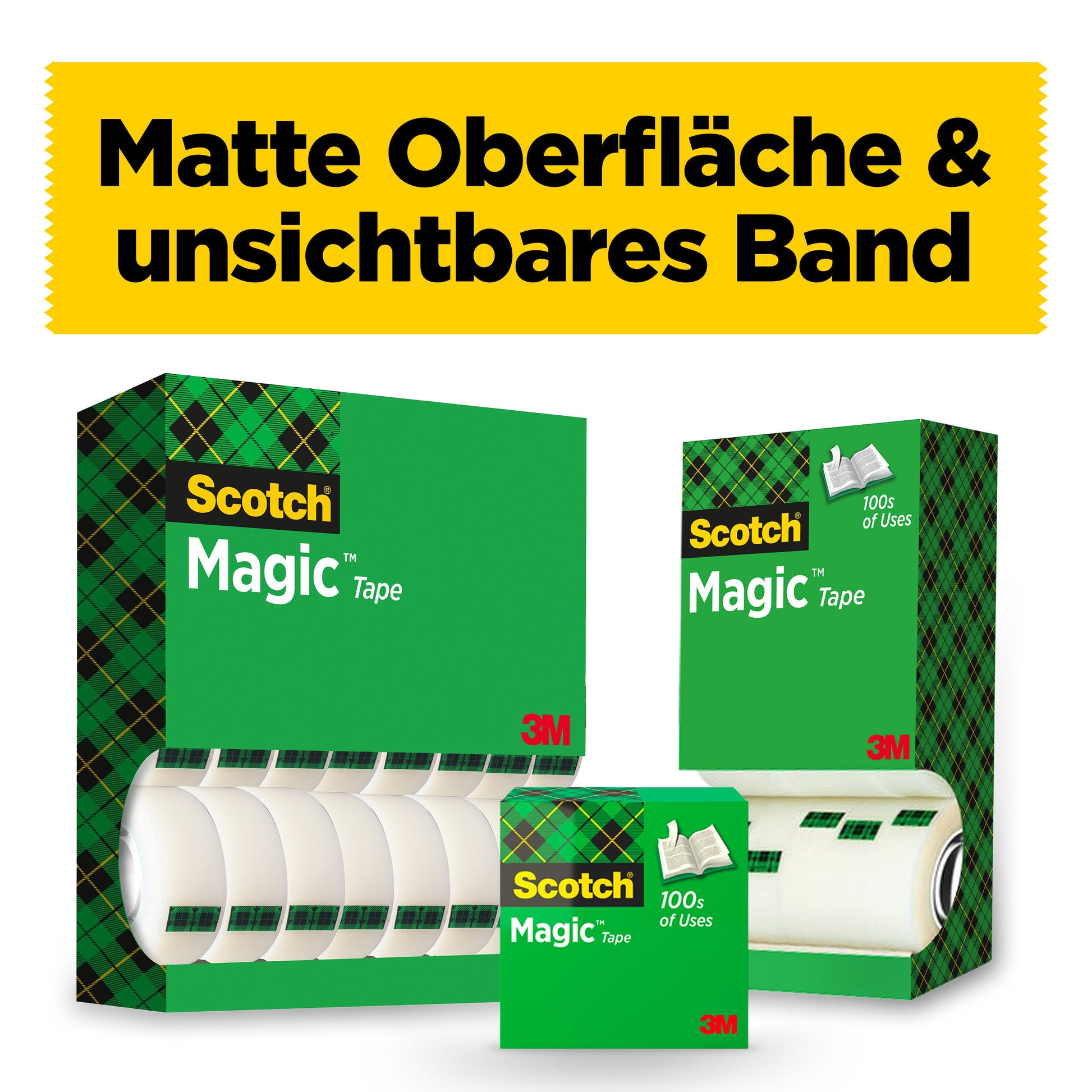Drei Schachteln 3M Scotch® Magic™ Unsichtbares Klebeband Vorteilspack (14 Rollen, 19 mm x 33 m) sind abgebildet. Auf einem gelben Transparent steht "Matte Oberfläche & unsichtbares Band". Mehrere Rollen unsichtbares Klebeband sind neben den Kartons ausgestellt.