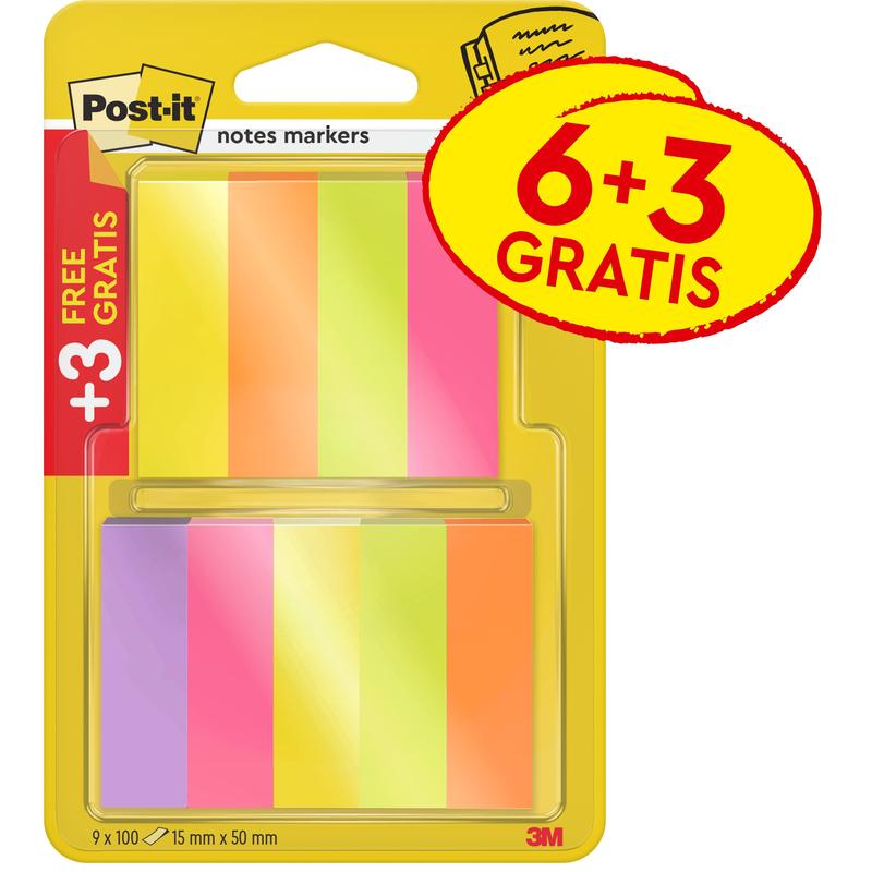 Μια συσκευασία 3M Deutschland GmbH Post-it® Page Marker, 15x50mm, σε διάφορα χρώματα. Κάθε συσκευασία περιέχει 6 μπλοκ συν 3 δωρεάν (100 φύλλα το καθένα), πιστοποιημένο από PEFC - ιδανικό για την επισήμανση κειμένου και σελίδων. Ετικέτα προώθησης: "6+3 ΔΩΡΕΑΝ / +3 ΔΩΡΕΑΝ/ΔΩΡΕΑΝ".