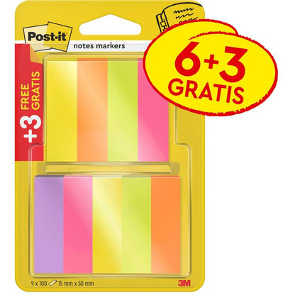 Μια συσκευασία 3M Deutschland GmbH Post-it® Page Marker, 15x50mm, σε διάφορα χρώματα. Κάθε συσκευασία περιέχει 6 μπλοκ συν 3 δωρεάν (100 φύλλα το καθένα), πιστοποιημένο από PEFC - ιδανικό για την επισήμανση κειμένου και σελίδων. Ετικέτα προώθησης: "6+3 ΔΩΡΕΑΝ / +3 ΔΩΡΕΑΝ/ΔΩΡΕΑΝ".