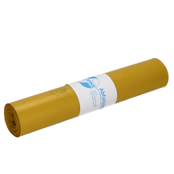 Ένας κίτρινος ρολός σάκων απορριμμάτων DEISS ECOFINE® 13900 (120L) της EMIL DEISS KG (GmbH + Co.) από ανακυκλωμένο LDPE/LLDPE με λευκή-μπλε ετικέτα - ιδανικός για περιβαλλοντικά υπεύθυνη απόρριψη - σε λευκό φόντο.