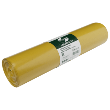 Ένας ρόλος DEISS 23004 κίτρινες σακούλες απορριμμάτων (700x1100 mm, τύπος 60, 25 τεμάχια) από την EMIL DEISS KG (GmbH + Co.) με μια λευκοπράσινη ετικέτα, που συνήθως χρησιμοποιείται ως προστατευτική μεμβράνη ή κάλυμμα στον κατασκευαστικό τομέα, σε ανοιχτό γκρι φόντο.