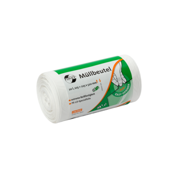 Eine weiße Rolle DEISS 36001 Müllsäcke der EMIL DEISS KG (GmbH + Co.) mit der Aufschrift "Müllbeutel" und dem Bild einer Hand, die einen der 225+225x520 mm großen Müllsäcke herauszieht; jede Rolle enthält 50 Stück.