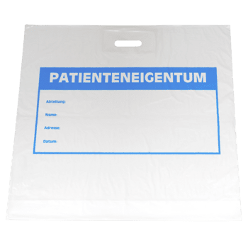 Η λευκή πλαστική τσάντα DEISS 36520 (600x600+50 mm) της EMIL DEISS KG είναι εξοπλισμένη με μπλε ετικέτα "PATIENTENEIGENTUM", τμήματα που μπορούν να γεμίσουν και λαβή με κοπή - ιδανική ως εναλλακτική λύση για χάρτινες σακούλες. Παράδοση σε κουτιά των 250 τεμαχίων.