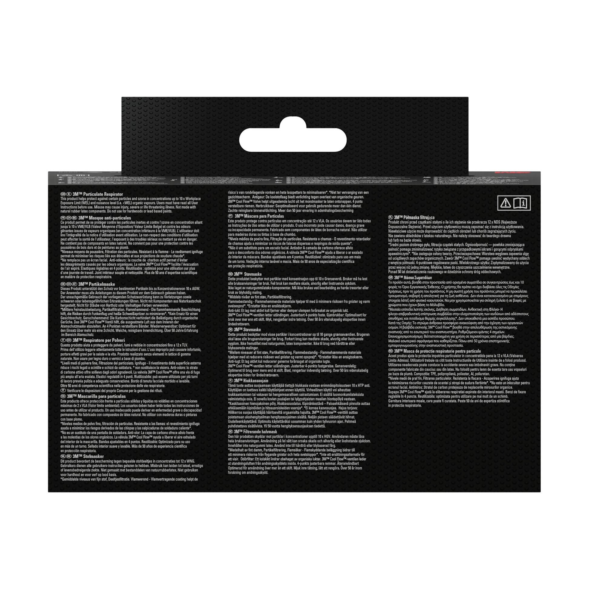 Die Rückseite der 3M™ Cool Flow™ Partikelmaske 9922, FFP2, geruchshemmend, mit Ventil, 2er-Pack (3M Deutschland GmbH) zeigt weißen, mehrsprachigen Text auf schwarzem Grund, eine Aufhängelasche oben in der Mitte und kleine Warnsymbole oben rechts.