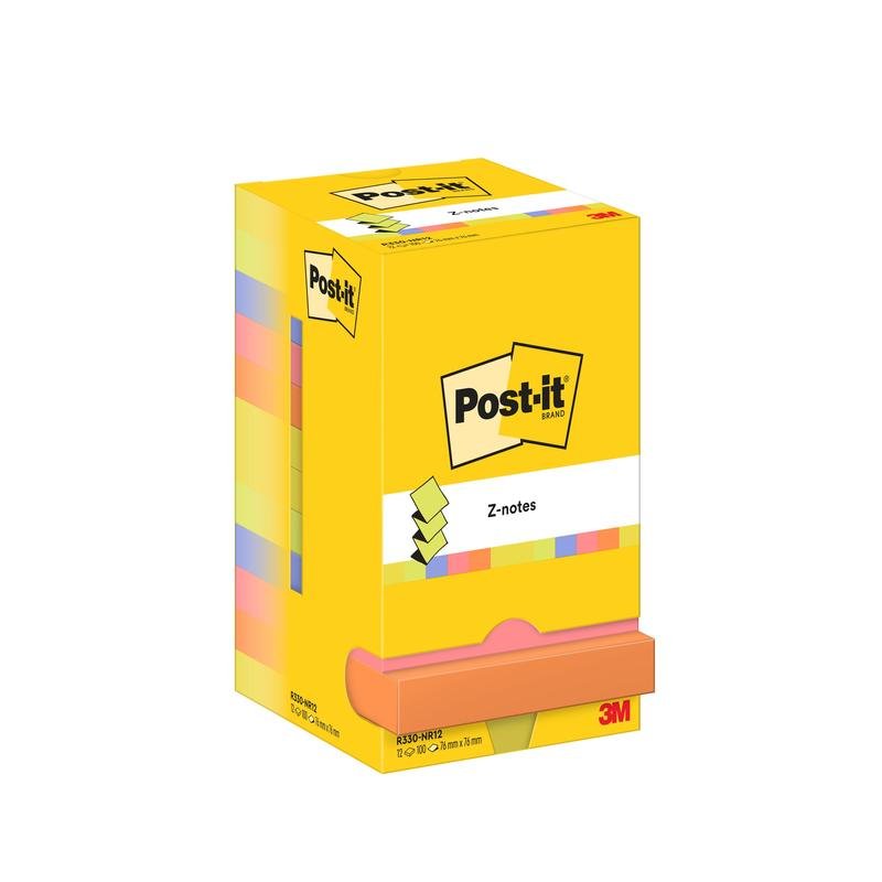 Ένα κίτρινο κουτί Post-it® Super Sticky Z-Notes από την 3M Deutschland GmbH, διαστάσεις 76x127 mm, 100 φύλλα ανά μπλοκ, συσκευασία από χαρτόνι (100% PEFC), με πολύχρωμες αυτοκόλλητες σημειώσεις και μια πορτοκαλί αναδυόμενη σημείωση στο μπροστινό μέρος.