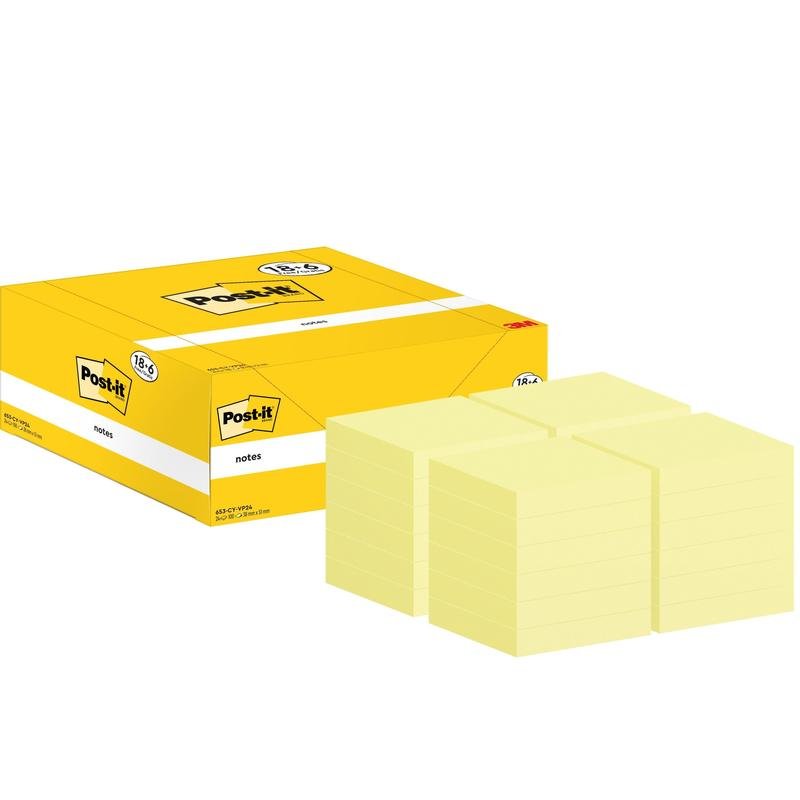 Ένα κίτρινο κουτί σημειώσεων Post-it® της 3M Deutschland GmbH βρίσκεται δίπλα σε τέσσερις στοίβες κίτρινων σημειώσεων (38x51mm, 100 φύλλα/μπλοκ), που είναι μέρος μιας συσκευασίας 18+6 δωρεάν σε κουτί, 100% πιστοποιημένο από PEFC.
