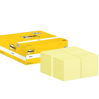 Ένα κίτρινο κουτί σημειώσεων Post-it® της 3M Deutschland GmbH βρίσκεται δίπλα σε τέσσερις στοίβες κίτρινων σημειώσεων (38x51mm, 100 φύλλα/μπλοκ), που είναι μέρος μιας συσκευασίας 18+6 δωρεάν σε κουτί, 100% πιστοποιημένο από PEFC.