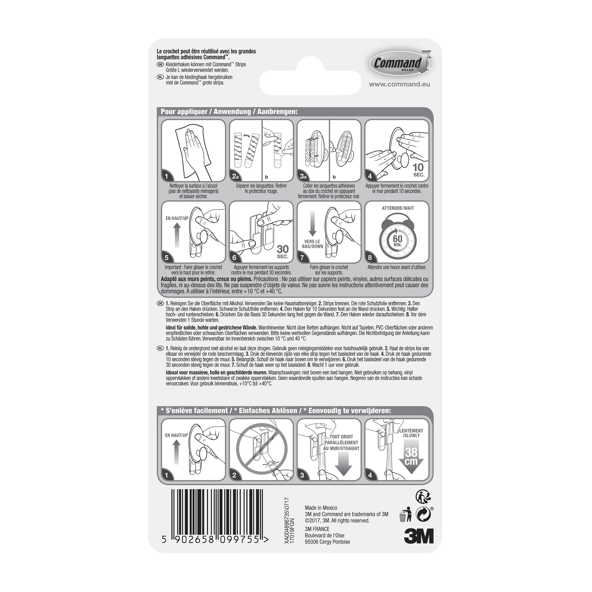 Die Rückseite einer Command™ Kleider-Haken, 17019-FGN-Verpackung der 3M Deutschland GmbH zeigt eine bebilderte Schritt-für-Schritt-Anleitung für die Wandbefestigung ohne Bohren, Warnhinweise, Produktdetails, den Barcode und den 3M Schriftzug in schwarz-weiß.