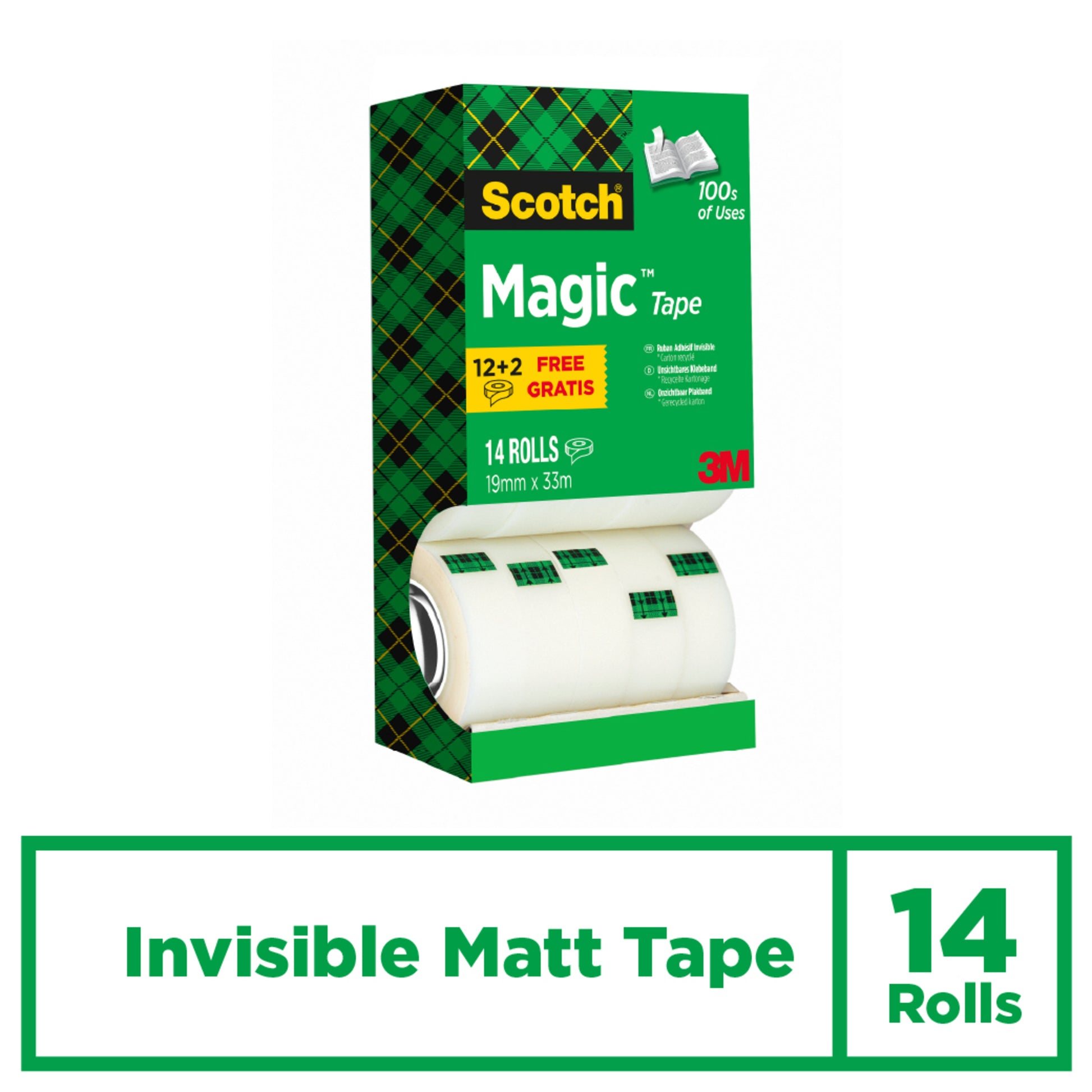 Die grüne Vorteilspack-Box von 3M enthält 14 Rollen Scotch® Magic™ Unsichtbares Klebeband (je 19 mm x 33 m) mit Karomuster, "12 + 2 gratis"-Hinweis und sichtbarem Markenlogo.