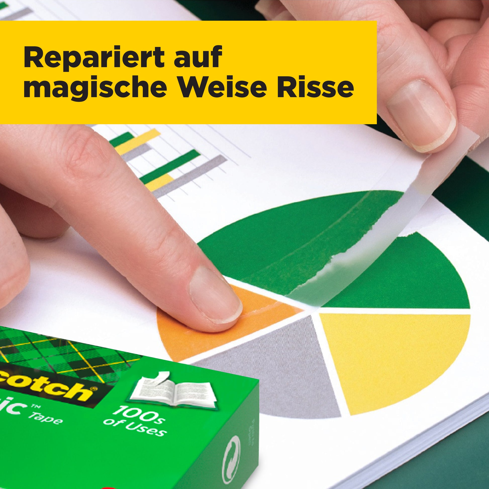 Eine Hand repariert ein zerrissenes Tortendiagramm mit Scotch® Magic™ Unsichtbares Klebeband (19 mm x 33 m, Vorteilspack 24 Rollen) der 3M Deutschland GmbH; vorne ist der Karton abgebildet, oben steht "Repariert auf magische Weise Risse".