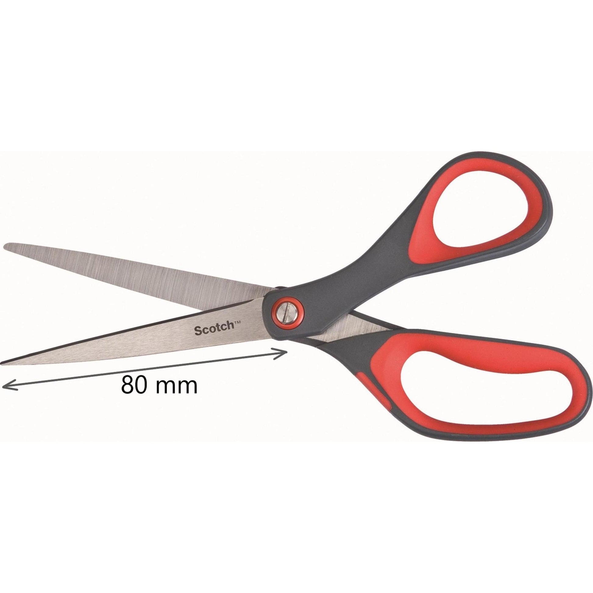 Die Scotch™ Präzisionsschere rot der 3M Deutschland GmbH verfügt über rot-schwarze Griffe und eine 80 mm große, markierte Klinge mit Doppelpfeil, die geöffnet vor weißem Hintergrund dargestellt ist.