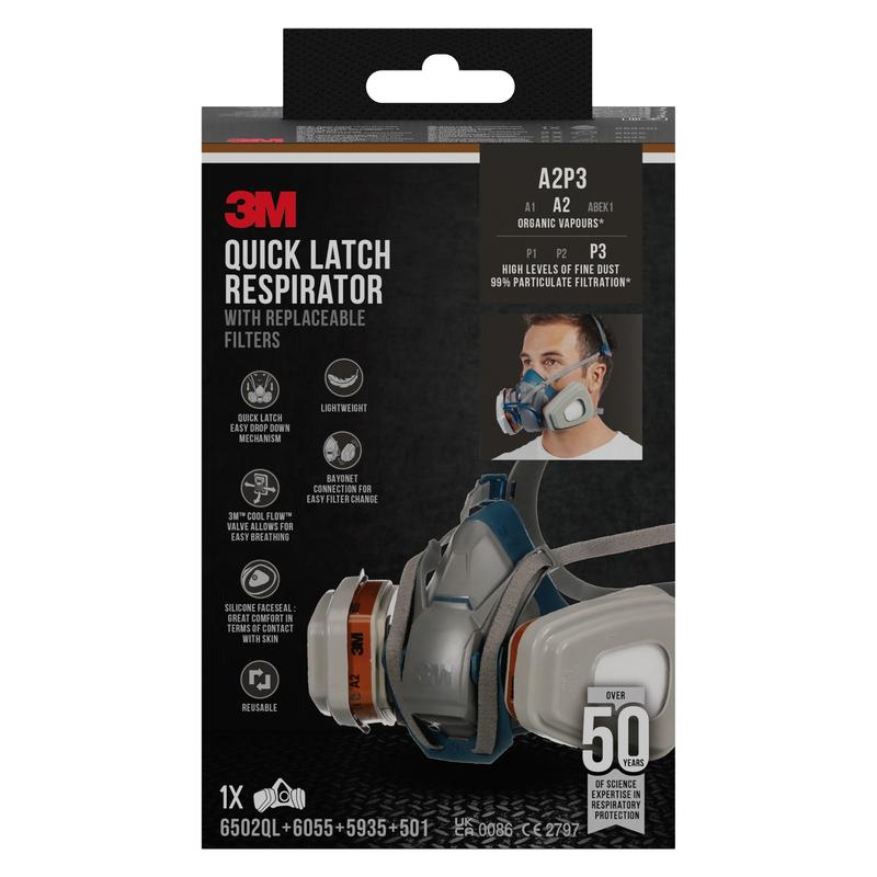 Η εικόνα δείχνει ένα κουτί της 3M™ Quick Latch αναπνευστικής μάσκας 6502QLKIT-1 από την 3M Deutschland GmbH με ανταλλάξιμα φίλτρα A2P3 για οργανικούς ατμούς. Περιέχει 1 μάσκα, 2x6055, 2x5935, 2x501. Η συσκευασία δείχνει εικόνες προϊόντων και λεπτομέρειες.