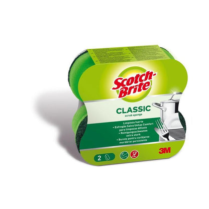 Μια συσκευασία από το Scotch-Brite® Classic Reinigungsschwamm της 3M Deutschland GmbH δείχνει δύο πράσινα και κίτρινα σφουγγάρια, πολυγλωσσικές πληροφορίες προϊόντος και μια εικόνα καθαρών πιάτων.