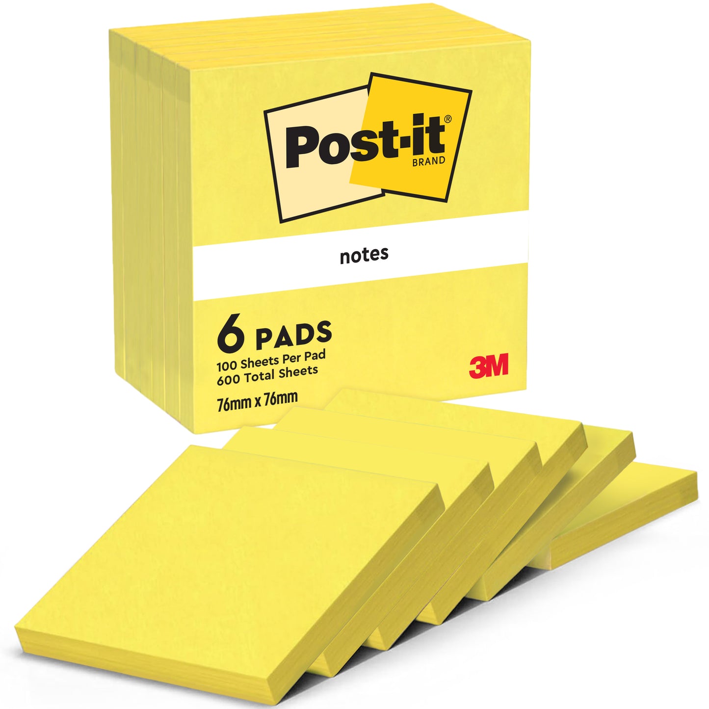 Eine Packung Post-it® Notes der 3M Deutschland GmbH enthält sechs gelbe Blöcke im Format 76 mm x 76 mm mit je 100 Blatt, hergestellt aus 100% PEFC-zertifiziertem Papier. Die Verpackung zeigt das 3M Logo und die fächerförmige Anordnung der Blöcke.