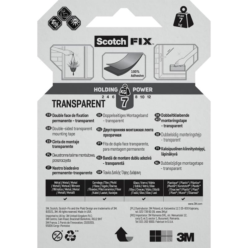 Η διάφανη διπλής όψης ταινία Scotch-FIX™ 4910C της 3M Deutschland GmbH διαθέτει ετικέτα με αντοχή έως και 7 κιλά, πολυγλωσσικές οδηγίες, εικόνες προϊόντων και το λογότυπο 3M στο κάτω μέρος.