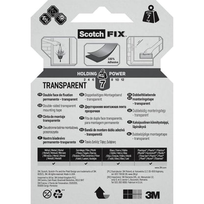 Η διάφανη διπλής όψης ταινία Scotch-FIX™ 4910C της 3M Deutschland GmbH διαθέτει ετικέτα με αντοχή έως και 7 κιλά, πολυγλωσσικές οδηγίες, εικόνες προϊόντων και το λογότυπο 3M στο κάτω μέρος.