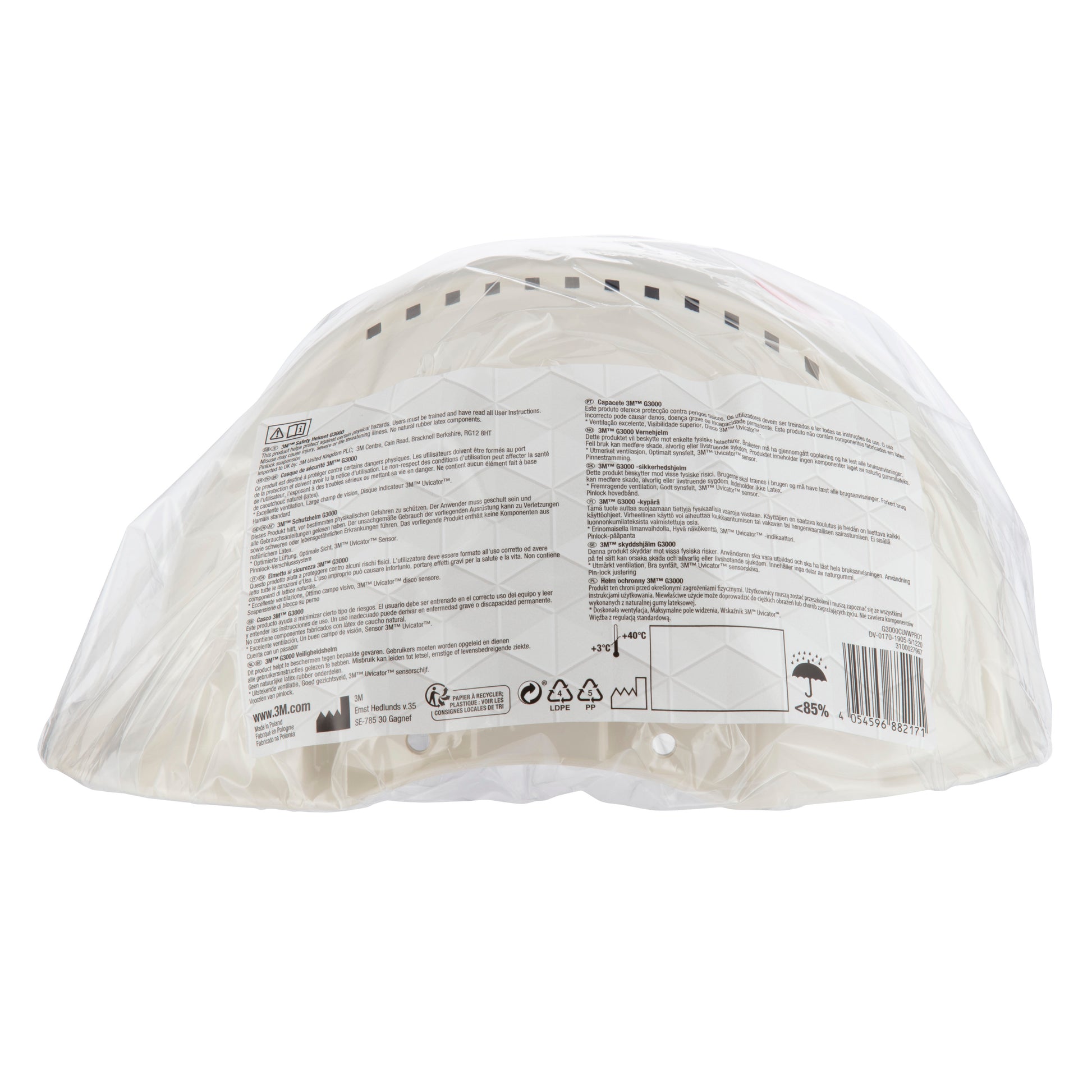 Der 3M™ Schutzhelm G3000C Uvicator von 3M Deutschland GmbH ist ein weißer Bauhelm, sicher verpackt in klarem Kunststoff mit einem detaillierten Etikett auf der Rückseite - ideal für zuverlässigen Arbeitsschutz.