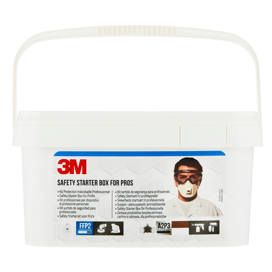 Ein weißer Kunststoffbehälter mit Griff, beschriftet mit "3M™ Arbeitsschutz-Starter-Box für Profis 1000MCWE" von 3M Deutschland GmbH, zeigt Abbildungen von Schutzbrillen und -masken sowie Symbole und Texte zu Atem-, Augen- und Gehörschutz.