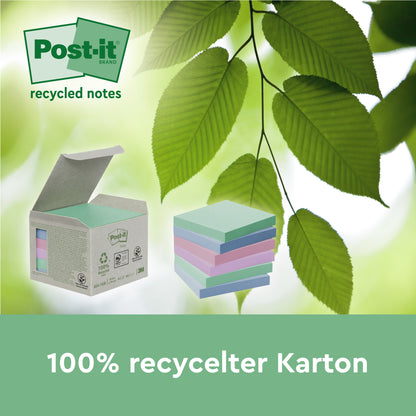 Ένα κουτί 3M Post-it® Super Sticky 100% Recycling Notes (47,6 mm x 47,6 mm, 70 φύλλα/μπλοκ, PEFC) απεικονίζεται με σημειώσεις σε παστέλ χρώματα σε πράσινα φύλλα, με το κείμενο "100% ανακυκλωμένο χαρτόνι" που τονίζει το ανακυκλωμένο υλικό.