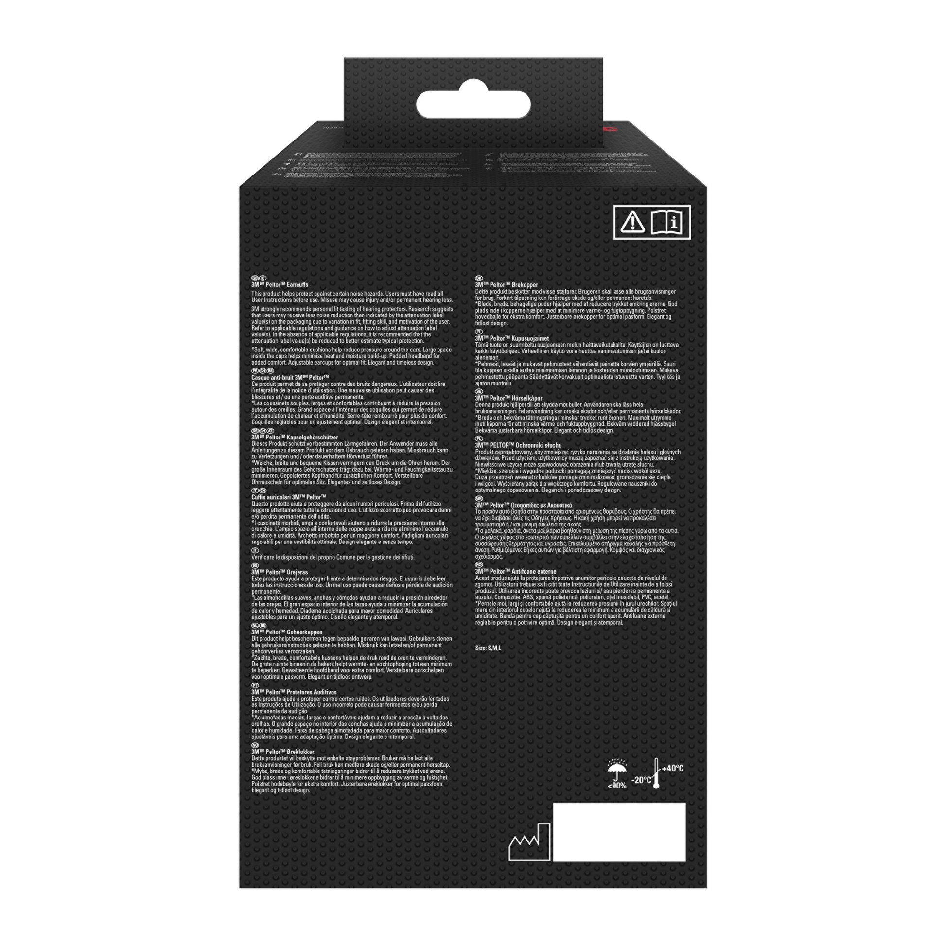 Die Rückseite der 3M™ PELTOR™ Optime™ II H520A Box (SNR 31 dB, Grün, 1 Stück) von 3M Deutschland GmbH zeigt eine mehrsprachige Anleitung in Weiß auf Schwarz, Warnsymbole und einen Barcode-Bereich.