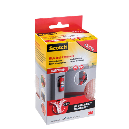 Scotch™ Extreme Verschlüsse von 3M Deutschland GmbH: 2 transparente Rollen (25 mm x 1,2 m), starke Klebekraft, hält bis zu 1,5 kg pro Packung.