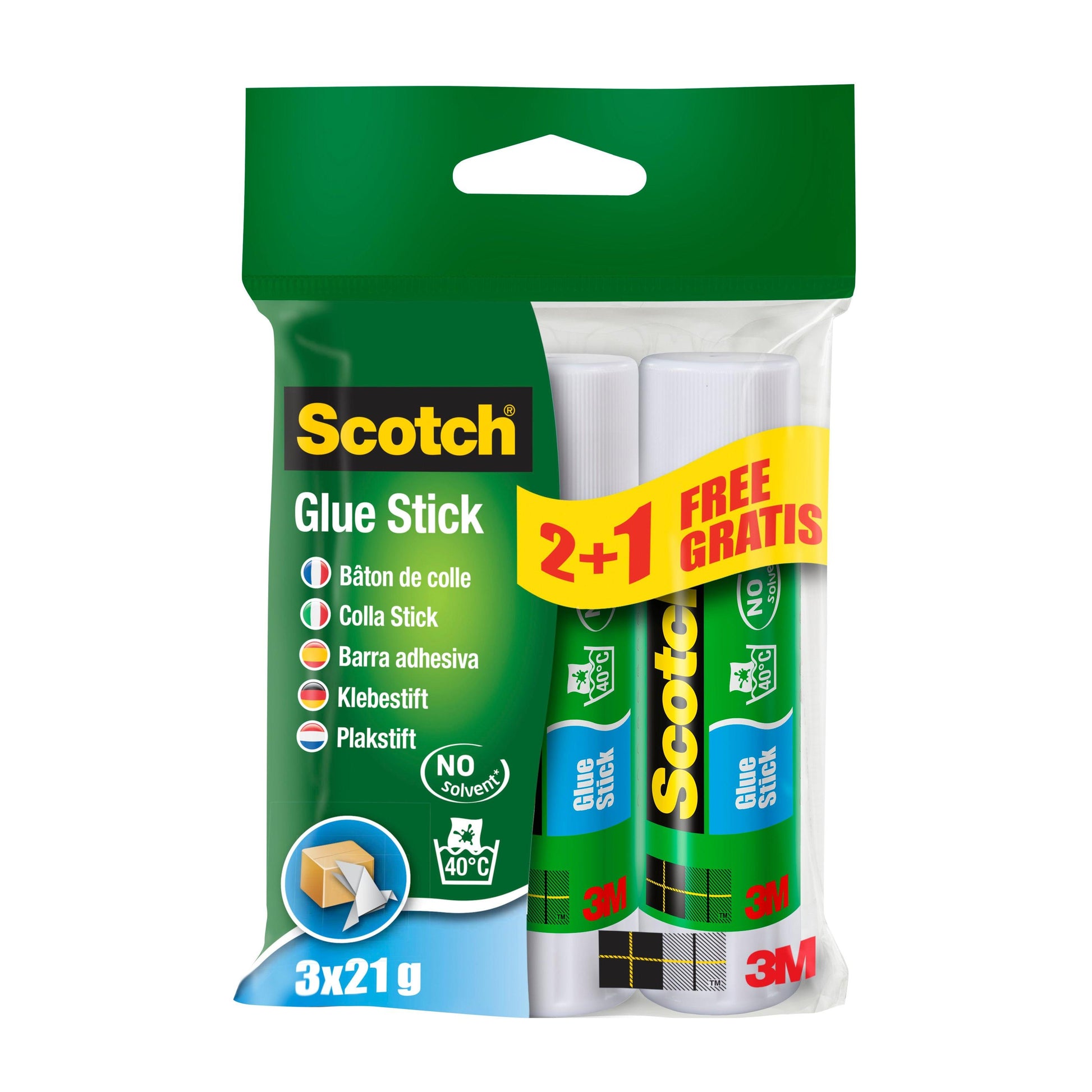 Scotch® Permanent-Klebestift von 3M Deutschland GmbH: 3er-Pack (2+1 GRATIS), je 21 g, grüne Verpackung mit "No Solvent" und mehrsprachiger Info, Beschriftung "3x21g" auf der Vorderseite.