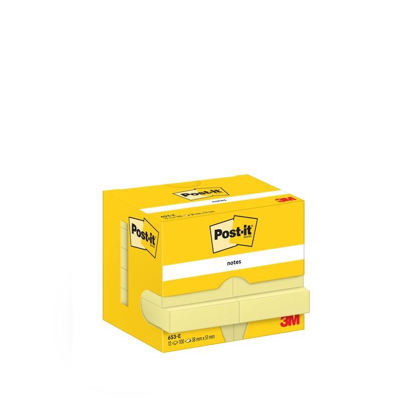Ένα κίτρινο κουτί σημειώσεων Post-it® Notes της 3M Deutschland GmbH, 38 mm x 51 mm, περιέχει 12 μπλοκ με 100 φύλλα το καθένα. Συσκευασμένο σε PEFC-πιστοποιημένο χαρτόνι (SGSCH-PEFC-COC-110078). Η συσκευασία δείχνει το λογότυπο και τις λεπτομέρειες σε λευκό φόντο.