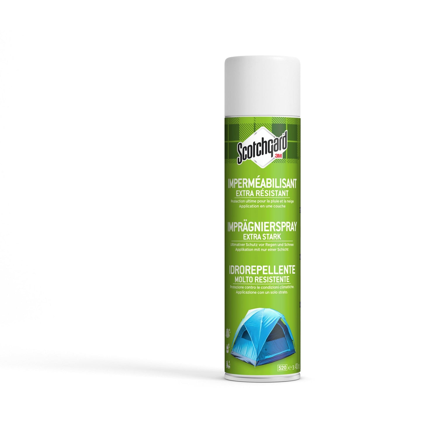 Aufrecht steht eine große, grüne 400ml-Dose Scotchgard™ Imprägnierspray extra stark von 3M Deutschland GmbH. Das Etikett zeigt Text in mehreren Sprachen und ein blaues Zeltbild, ideal für den extra starken Schutz von Textilien.