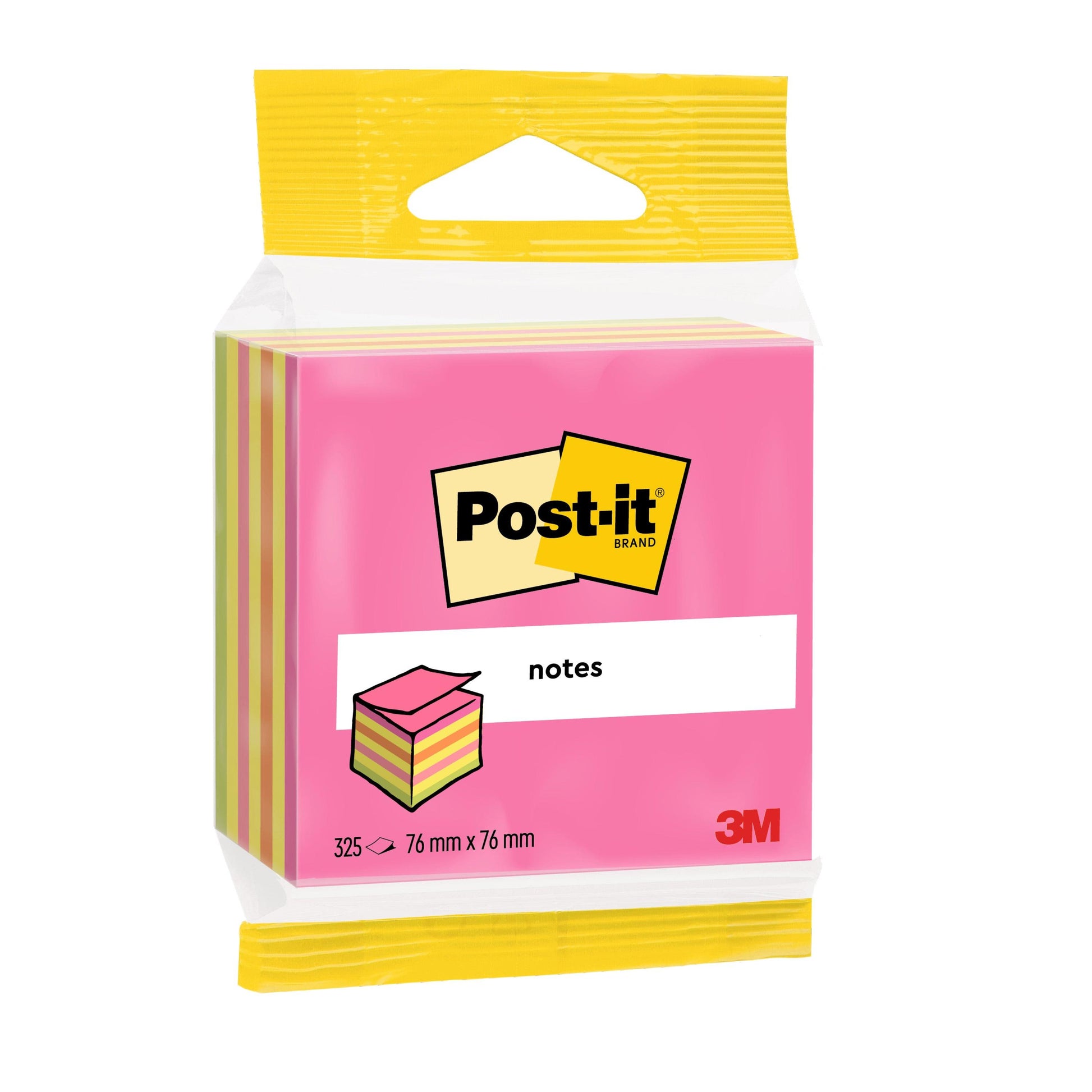 Eine Packung Post-it® Notes Würfel von 3M Deutschland GmbH enthält 325 pinkfarbene und gelbe Notizzettel (76 x 76 mm), eingewickelt in Pink, mit dem 3M-Logo und einer PEFC-Zertifizierung (SGSCH-PEFC-COC-110078). Ein Block pro Packung.