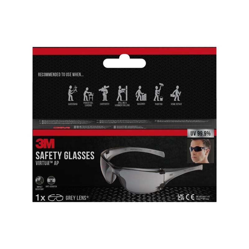 Μια λιανική συσκευασία των 3M™ Virtua™ AP προστατευτικών γυαλιών, γκρίζος φακός από την 3M Deutschland GmbH. Το κουτί τονίζει την προστασία των ματιών, την προστασία UV 99,9%, τις εικόνες του προϊόντος και τα σύμβολα για εφαρμογές όπως η κηπουρική και η ξυλουργική.