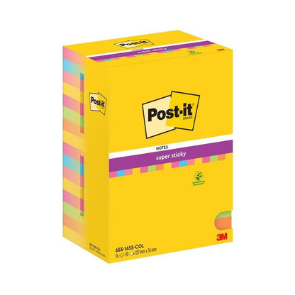 Ένα πακέτο με 16 Post-it® Super Sticky Notes της 3M Deutschland GmbH, το καθένα σε διάφορα χρώματα, μέγεθος 76 mm x 127 mm, με 90 φύλλα ανά μπλοκ. Κατασκευασμένο από 100% πιστοποιημένο χαρτί PEFC (SGSCH-PEFC-COC-110078).