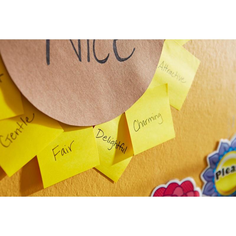 Κίτρινες Post-it® Super Sticky Z-Notes (76x76 mm, 90 φύλλα, από την 3M Deutschland GmbH) με χειρόγραφες λέξεις όπως "Δίκαιος" και "Χαριτωμένος" είναι κυκλικά τοποθετημένες σε έναν τοίχο γύρω από ένα καφέ χαρτί με την επιγραφή "Nice".