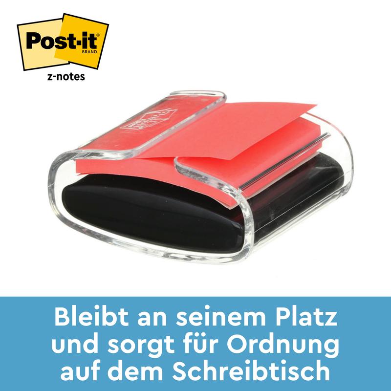 Ένας μαύρος διανομέας Post-it® Z-Notes της 3M Deutschland GmbH με κίτρινες Super Sticky Z-Notes (76x76 mm, 90 φύλλα) απεικονίζεται σε λευκό φόντο. Το γερμανικό κείμενο αναγράφει: "Μένει στη θέση του και διατηρεί την τάξη στο γραφείο."