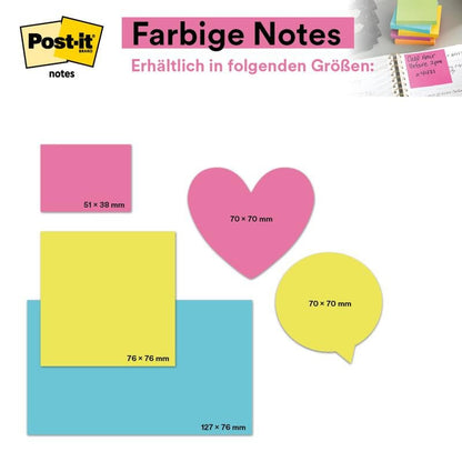 Μια εικόνα δείχνει τα Post-it® Notes, Poptimistic Collection της 3M Deutschland GmbH: πολύχρωμα αυτοκόλλητα σημειώματα 38 x 51 mm (100 φύλλα/μπλοκ, 12 μπλοκ/συσκευασία, χαρτονένια συσκευασία, 100% PEFC, SGSCH-PEFC-COC-110078) σε διάφορα σχήματα και χρώματα.
