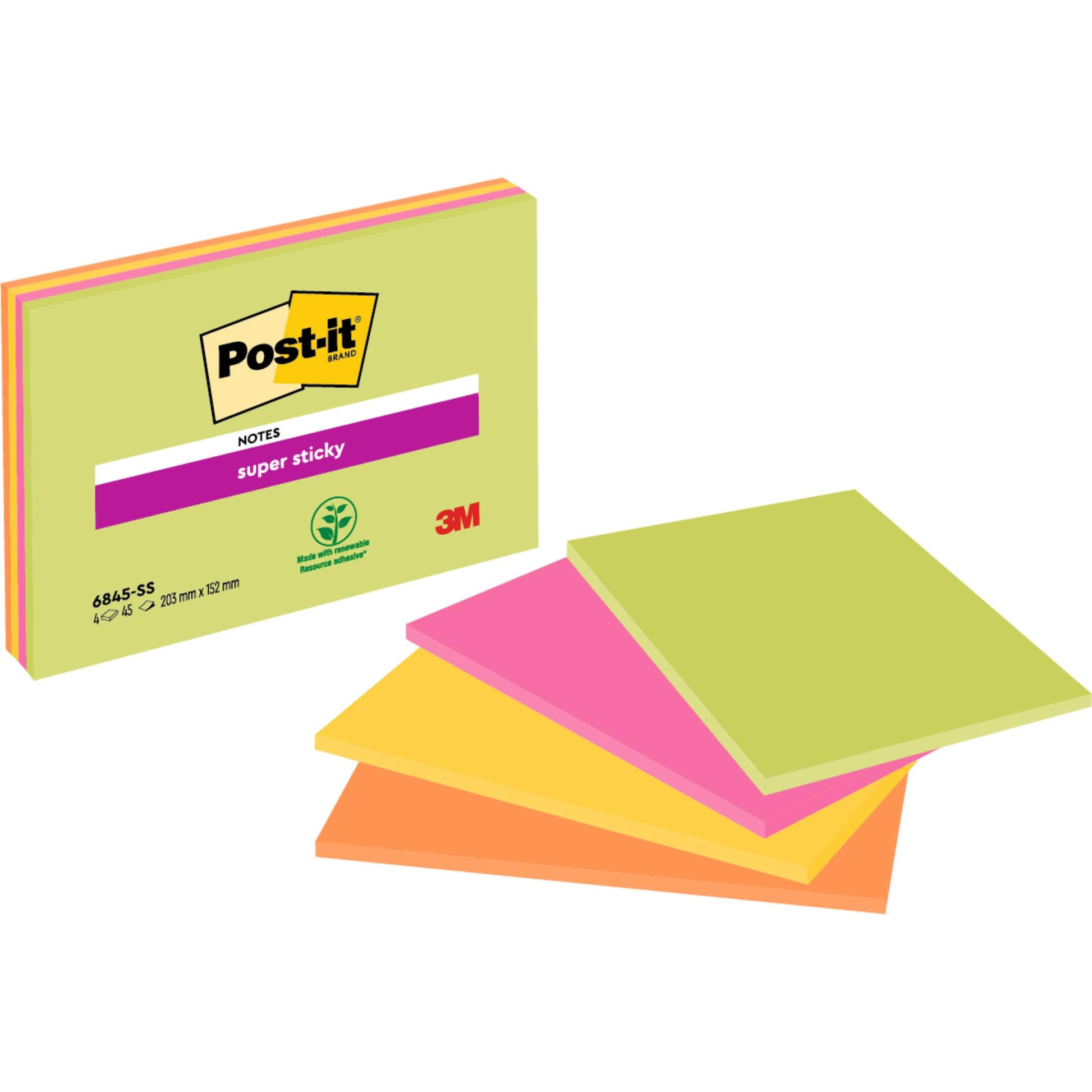 Illustration einer Post-it® Super Sticky Meeting Notes Packung der 3M Deutschland GmbH mit vier neonfarbenen Blöcken (203 mm x 152 mm, je 45 Blatt). Die Verpackung zeigt das 3M-Logo und das PEFC-Recycling-Symbol.