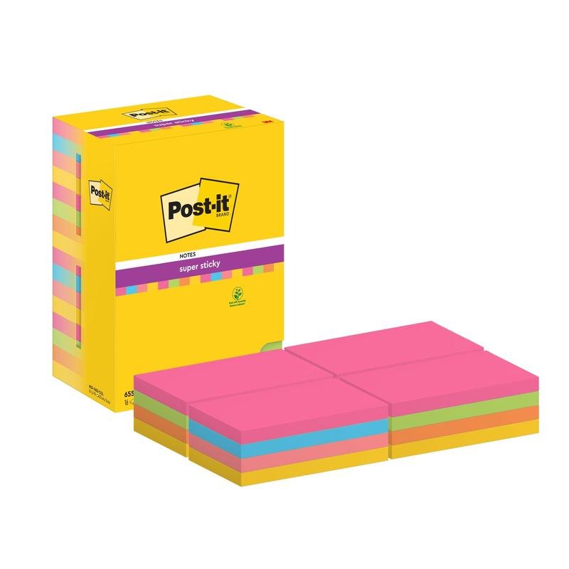 Ένα κίτρινο κουτί Post-it® Super Sticky Notes της 3M Deutschland GmbH με 16 στοίβες (76 x 127 mm, 90 φύλλα/μπλοκ) σε ροζ, πράσινο, πορτοκαλί και μπλε, με ισχυρή επιφάνεια κόλλησης, πιστοποιημένο από PEFC.