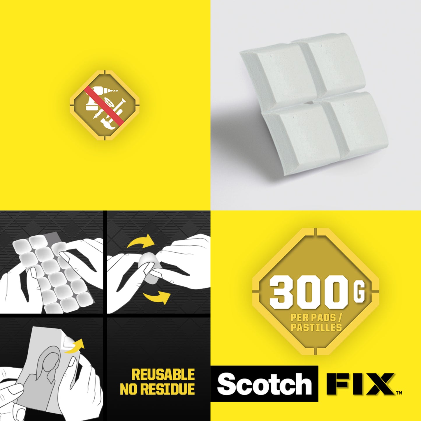 Ein Werbebild für 3M Deutschland GmbH Scotch-FIX™ Ablösbare Klebepads 301008C36-P (11x15mm, 36 Stück/Packung) zeigt weiße Pads, eine Gebrauchsanweisung, eine Gewichtsbeschränkung von 300g und den Text: "wiederverwendbar, rückstandsfrei, stark haftend.