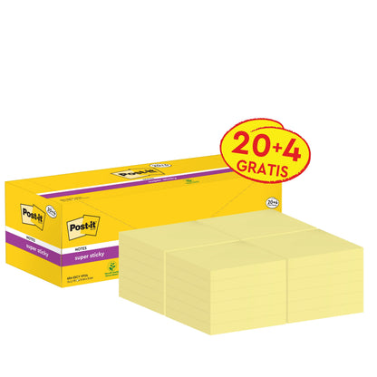 Abgebildet ist eine gelbe Schachtel Post-it® Super Sticky Notes (76 mm x 76 mm, 90 Blatt/Block, 100% PEFC) der 3M Deutschland GmbH mit fünf Stapeln davor; die Schachtel ist mit einem rot-gelben Etikett "20 + 4 GRATIS" versehen.