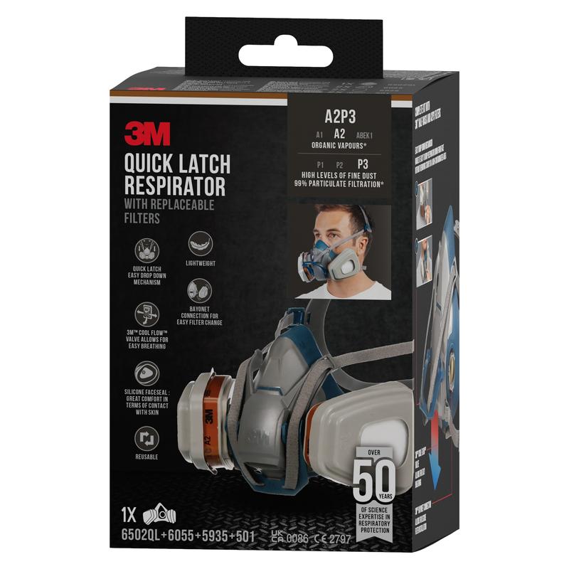 Ένα μαύρο-γκρι κουτί της 3M™ Quick Latch αναπνευστικής μάσκας 6502QLKIT-1 από την 3M Deutschland GmbH με ανταλλάξιμα φίλτρα A2P3, εικόνες προϊόντων, σύμβολα εφαρμογής, τεχνικές λεπτομέρειες και μια φωτογραφία ενός ατόμου με μάσκα στο μπροστινό μέρος.