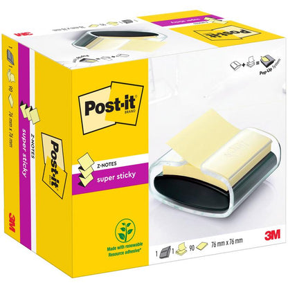 Ένας μαύρος διανομέας Post-it® Z-Notes (PRO) με 90 κίτρινες Super Sticky Z-Notes (76 mm x 76 mm) από την 3M Deutschland GmbH.