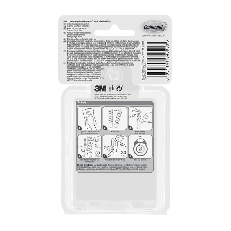 Η πίσω πλευρά μιας Command™ Mini-Haken, transparent, με διαφανείς Strips, 17006CLRFGN Packung von 3M Deutschland GmbH δείχνει εικονογραφημένα βήματα αποθήκευσης χωρίς τρύπημα, γραμμωτό κώδικα, branding, πληροφορίες ιστοσελίδας & απλές οδηγίες χρήσης.