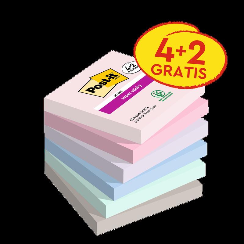 Post-it® Super Sticky Notes, Soulful Collection, 76 mm x 76 mm, Promotion, 90 φύλλα/pad, 4 pads + 2 free/pack, 100% PEFC, SGSCH-PEFC-COC-110078 | Συσκευασία (6 τεμάχια)