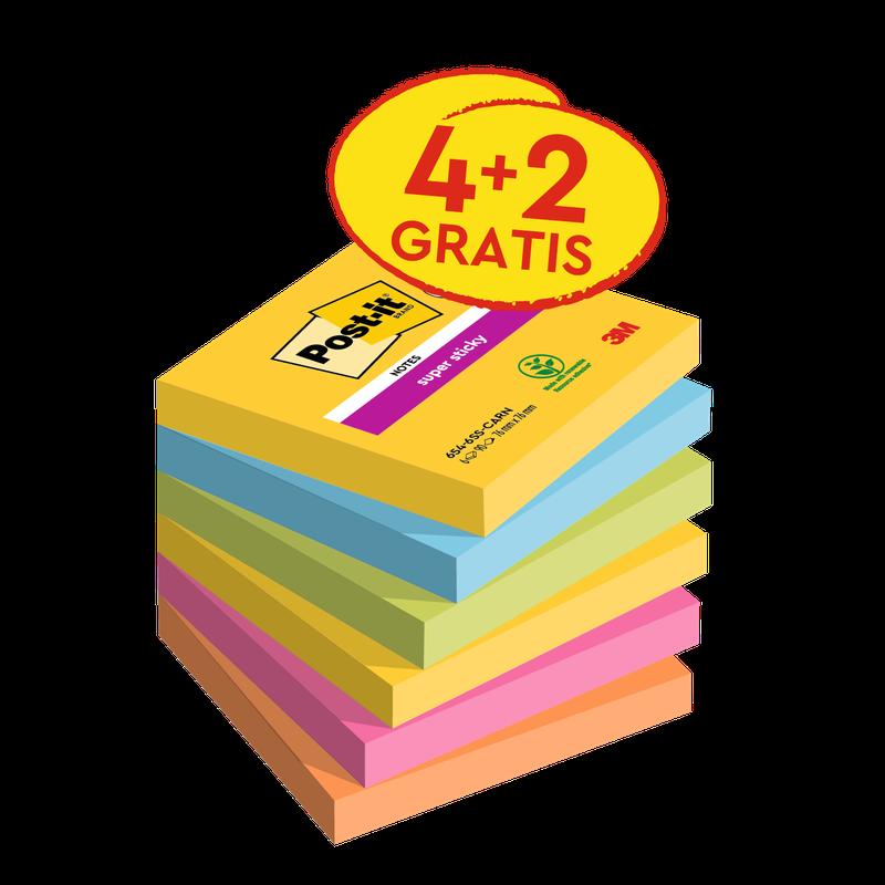 Post-it® Super Sticky Notes, Carnival Collection, 76 mm x 76 mm, Προσφορά, 90 φύλλα/pad, 4 pads + 2 free/pack, 100% PEFC, SGSCH-PEFC-COC-110078 | Συσκευασία (6 τεμάχια)
