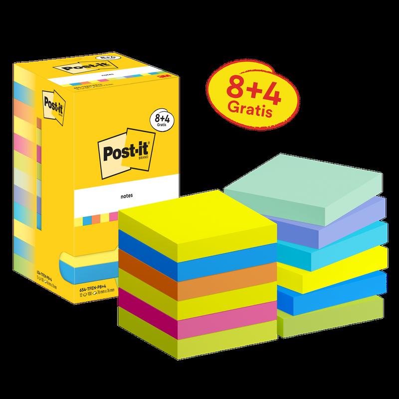 Post-it® Notes, Energetic Collection, 76mm x 76mm, Promotion, 90 Sheets/Pad, 8 Pads + 4 Free/Pack, Cardboard Packaging, 100% PEFC, SGSCH-PEFC-COC-110078 | Συσκευασία (12 τεμάχια)