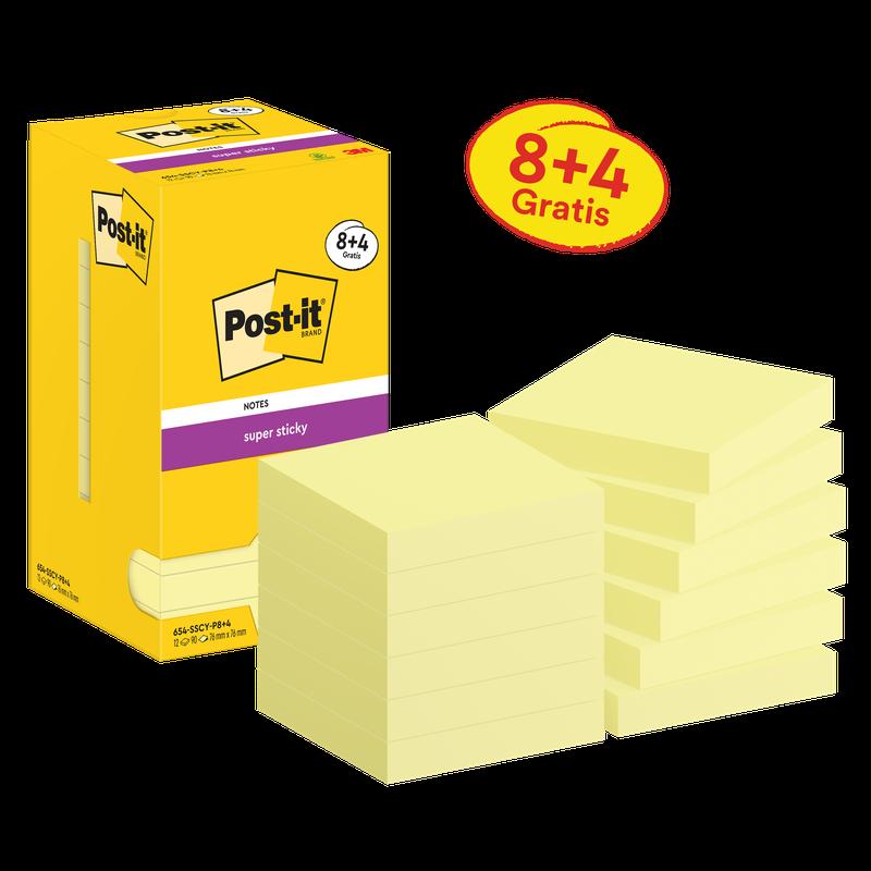 Post-it® Super Sticky Notes, Κίτρινο, 76mm x 76mm, Προσφορά, 90 φύλλα/Μπλοκ, 8 Pads + 4 Δωρεάν/Συσκευασία, Συσκευασία από χαρτόνι, 100% PEFC, SGSCH-PEFC-COC-110078 | Συσκευασία (12 τεμάχια)